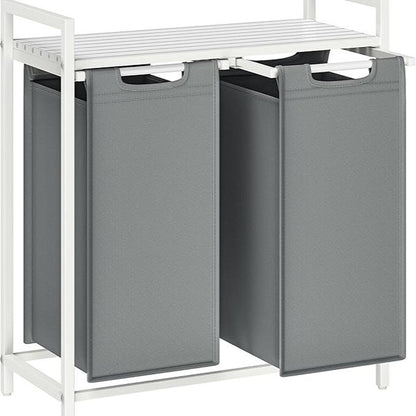 Compartmentalized Laundry Hamper — Sorter with Shelf - White + Light Gray