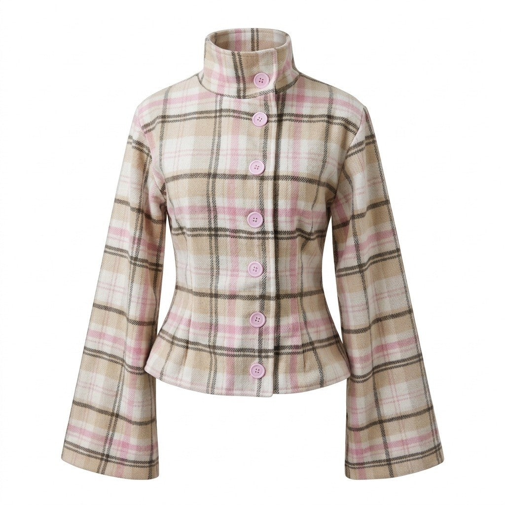 Plaid High Neck Jacket — Bell Sleeve Outerwear
