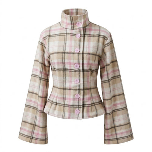 Plaid High Neck Jacket — Bell Sleeve Outerwear