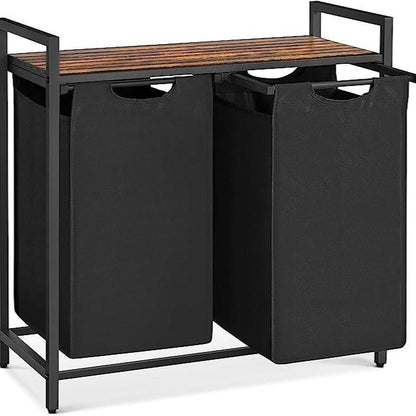 Compartmentalized Laundry Hamper — Sorter with Shelf - Black + Rustic Brown