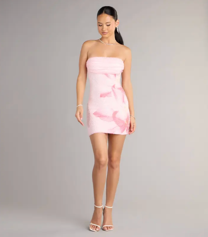 Hilary Pink Beaded Strapless Mini Dress