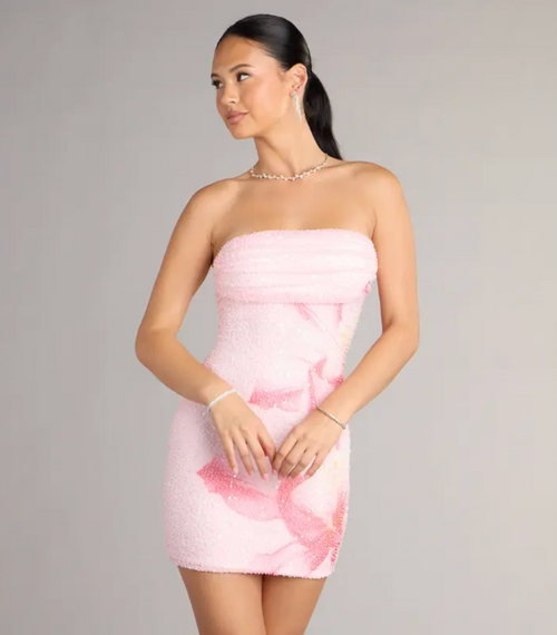 Hilary Pink Beaded Strapless Mini Dress