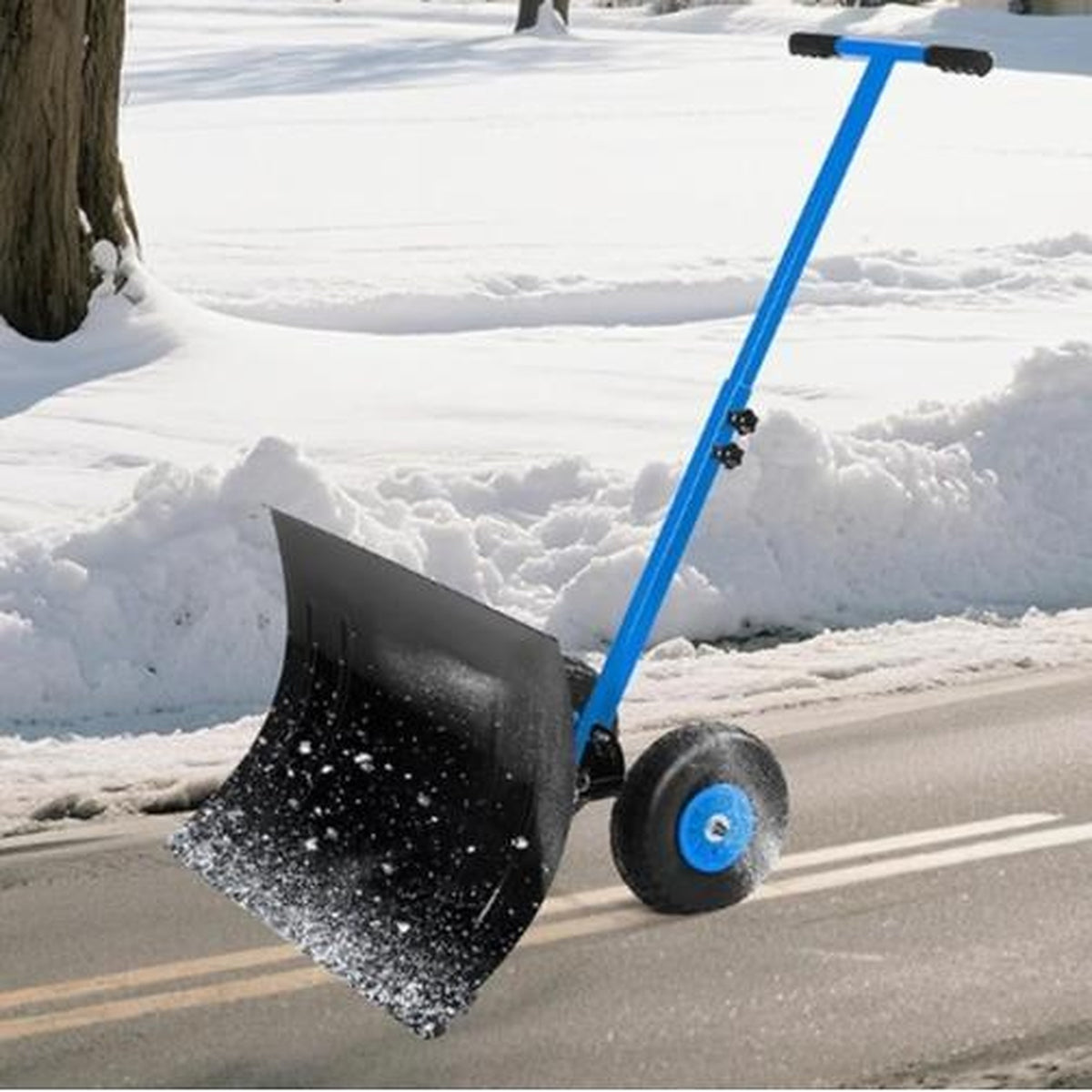 Wheeled Snow Shovel Pusher — for Driveways and Sidewalks - 29" W X 19"H-Single Lever-Blue&Black 50