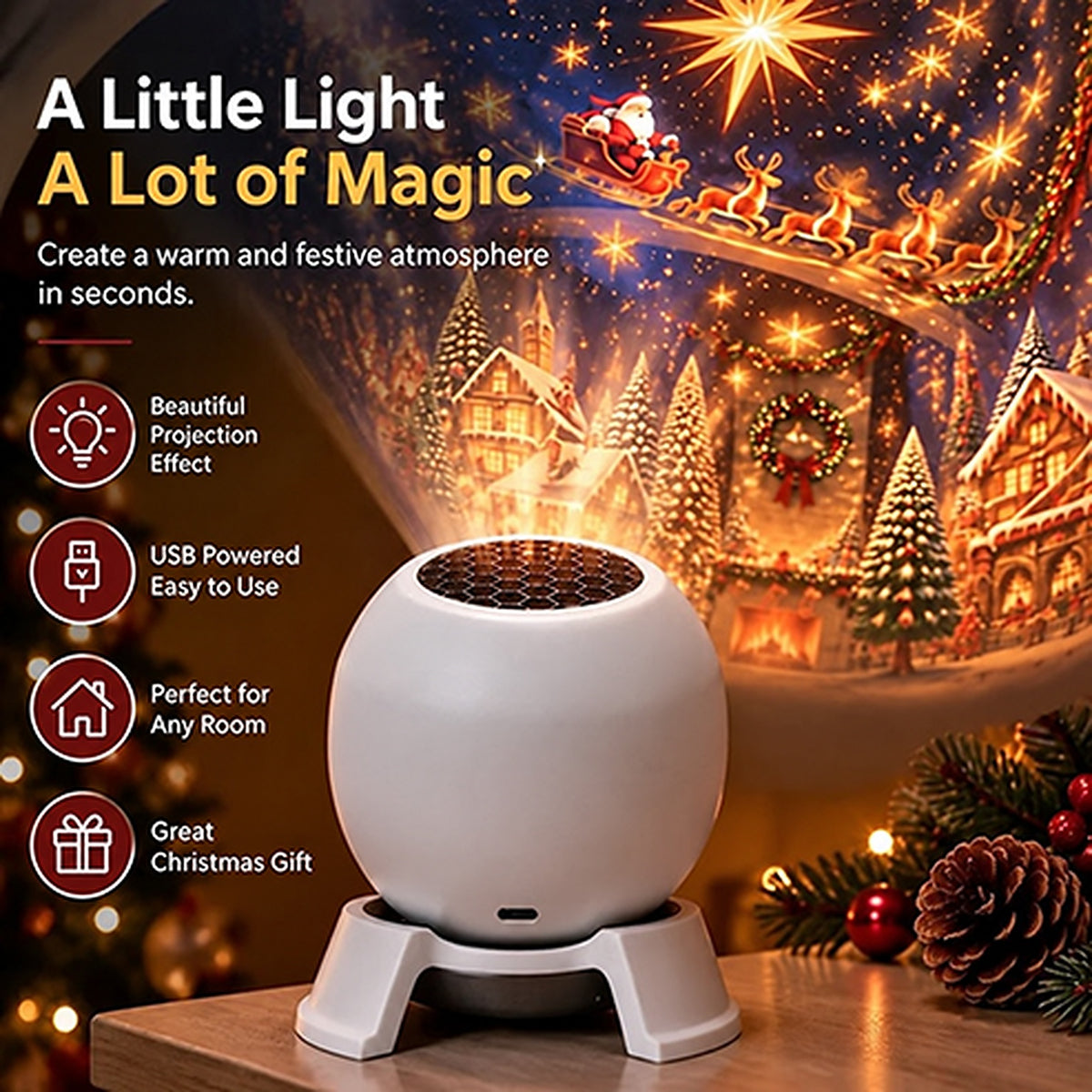 Christmas Projection Night Light — Festive Decor for Indoor Rooms