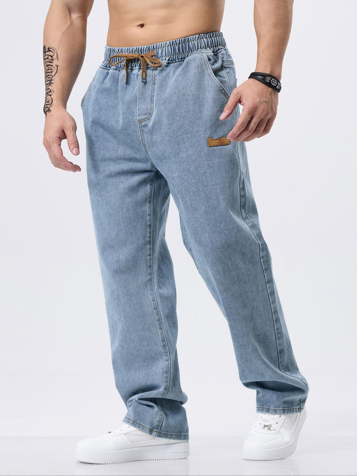 Men's Drawstring-Waist Straight-Leg Jeans — Casual Comfort - Light blue
