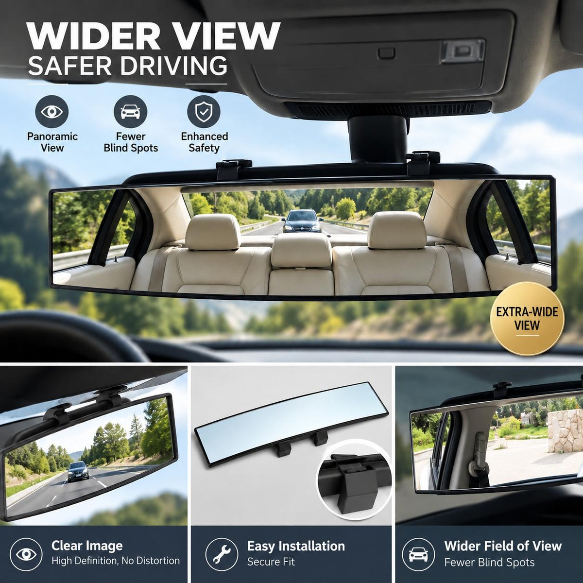 Wide-Angle Rearview Mirror — for Cars, SUVs and Trucks