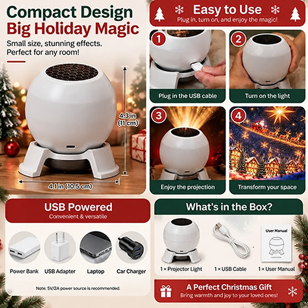 Christmas Projection Night Light — Festive Decor for Indoor Rooms