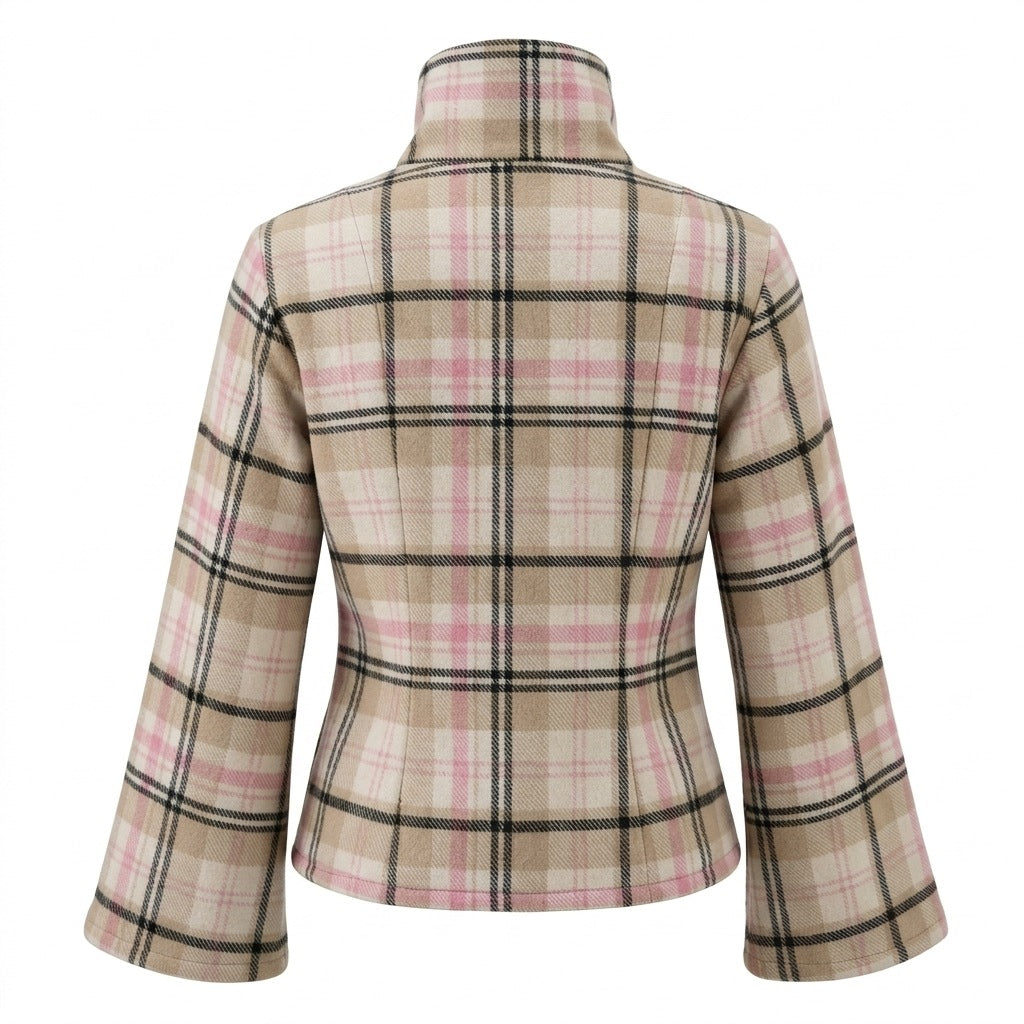 Plaid High Neck Jacket — Bell Sleeve Outerwear