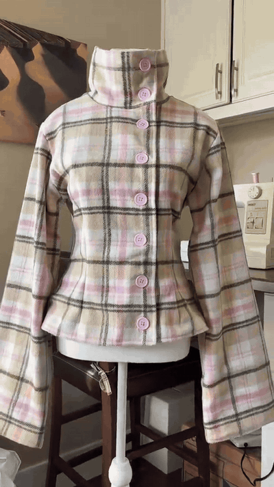 Plaid High Neck Jacket — Bell Sleeve Outerwear - video by @threadedinpink